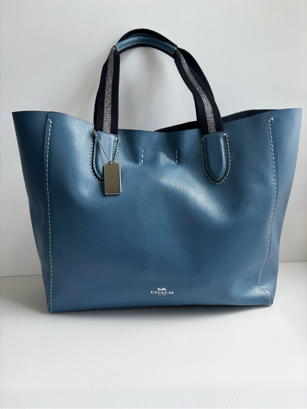 Coach Slate Blue Pebbled Leather Tote with Striped Handles